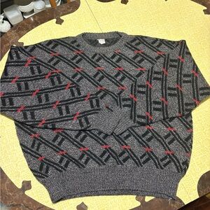 Vintage Gray and Red Patterned Men's Sweater